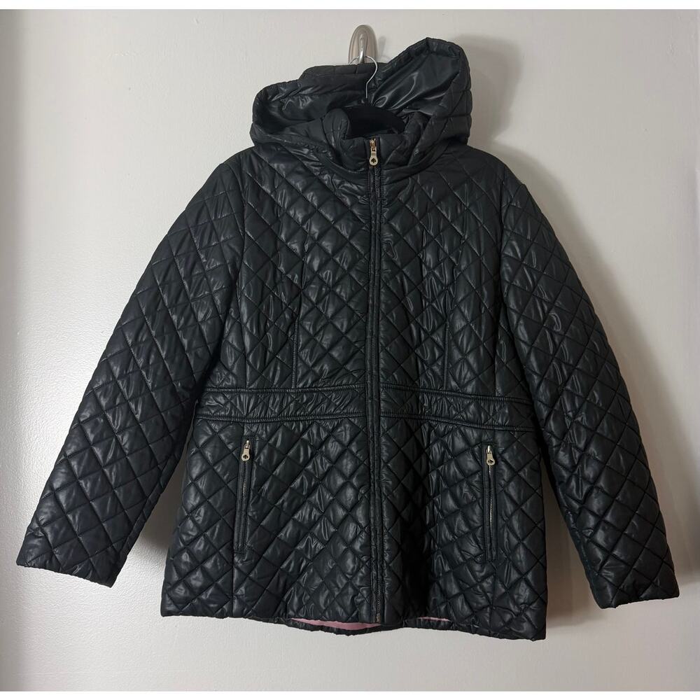 KATE SPADE COAT XL BLACK QUILTED HOODED PUFFER ANORAK JACKET ZIPPER MINIMALIST
